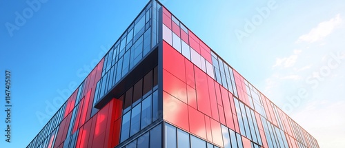 A striking corner of a modern building featuring bold red panels contrasting with clear blue sky and reflective glass windows. The sharp angles and geometric shapes create a dynamic visual.