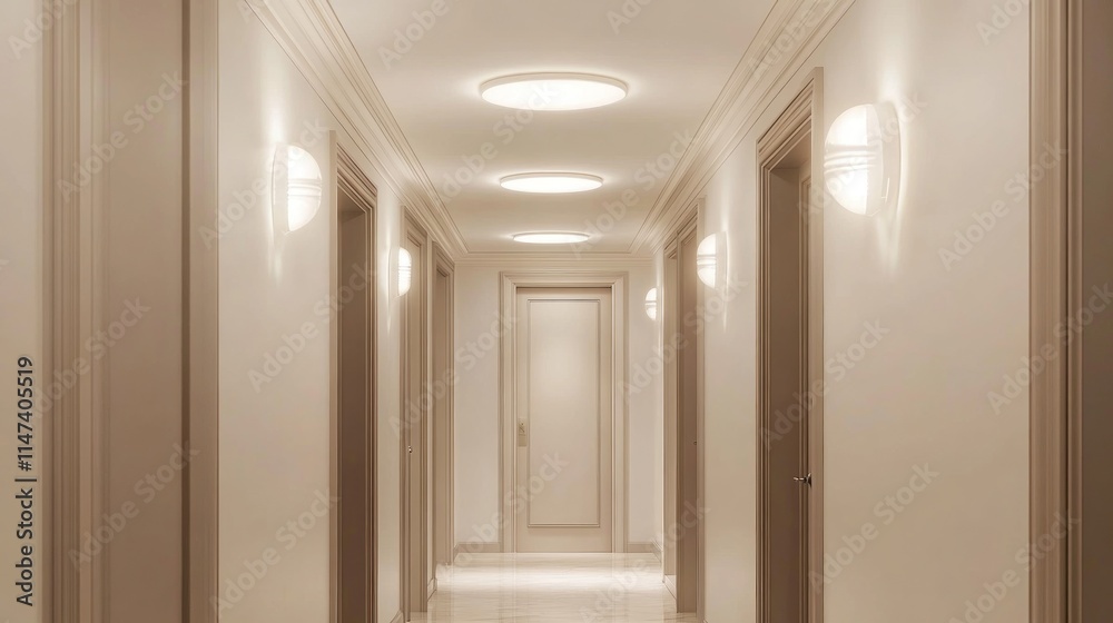Fototapeta premium Long empty hallway with illuminated lights.