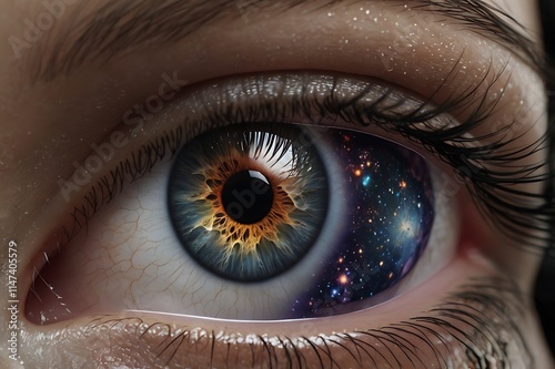 Hyper-Realistic Human Eye, With The Iris Swirling Like A Galaxy, Filled With Stars, Nebulas, And Tiny Planets photo