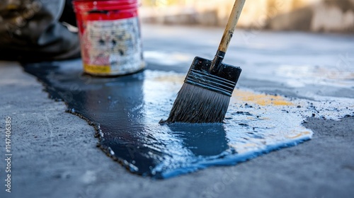 Close-up of worker applying black sealant to cracked concrete with a brush.