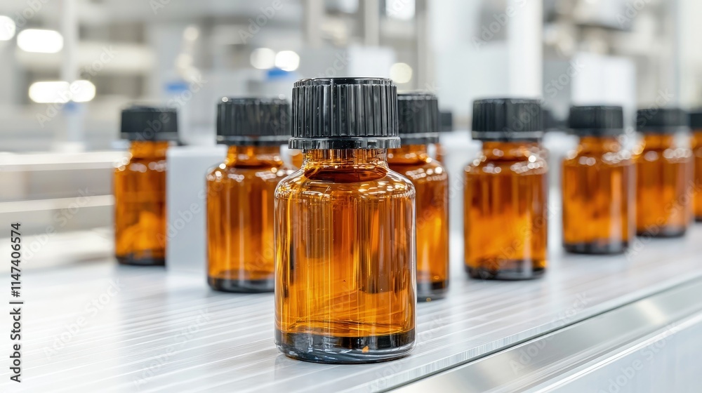 Amber glass bottles on conveyor belt in factory. Amber glass bottles on conveyor belt in factory.