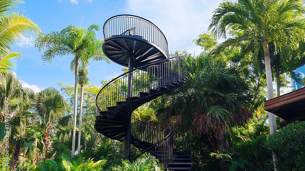 Fototapeta premium Black Spiral Staircase Surrounded by Lush Tropical Greenery