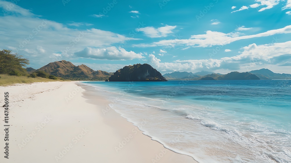 Idyllic Tropical Beach Scene With Mountains And Clear Water Idyllic Tropical Beach Scene With Mountains And Clear Water