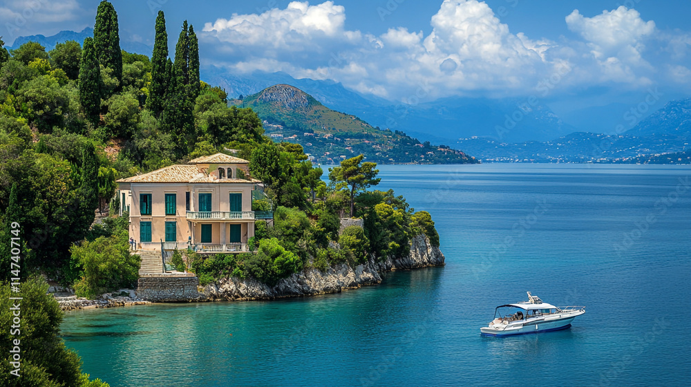 Fototapeta premium Scenic coastal view with a boat near a villa on a sunny day by the lake.