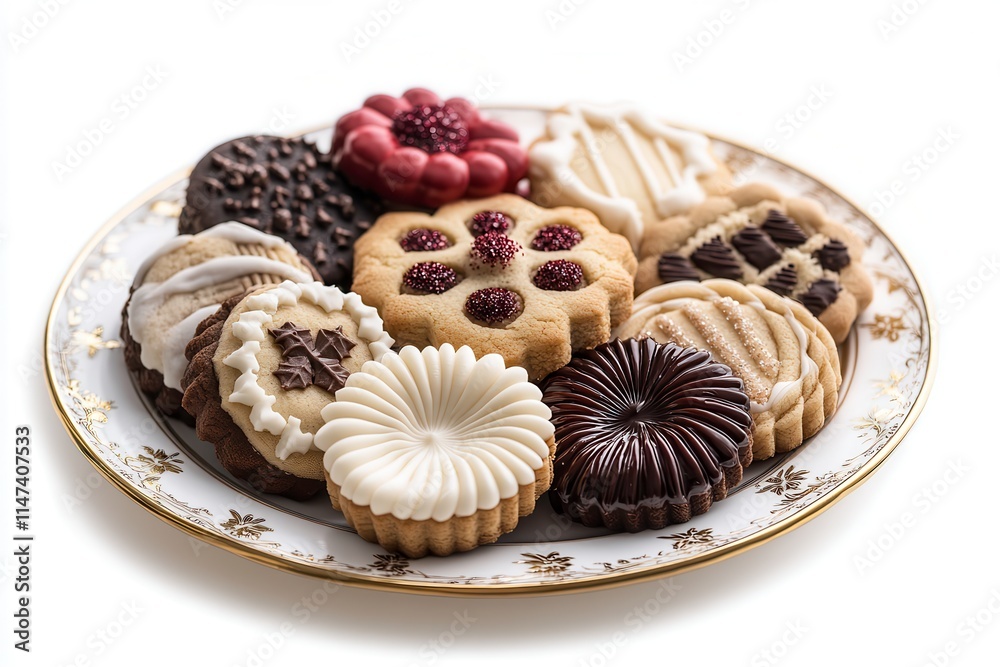Festive Arrangement of Colorful Christmas Cookies on a Decorative Plate With a White Background. Generative AI Festive Arrangement of Colorful Christmas Cookies on a Decorative Plate With a White Background. Generative AI