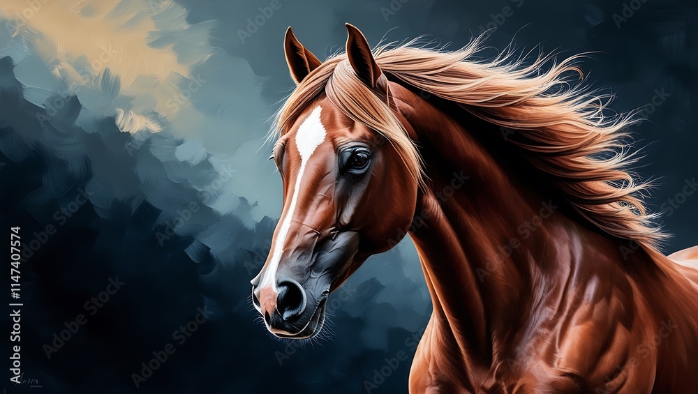 Fototapeta premium Transform your creative projects with a stunning collection of horse portraits enhanced by a striking oil painting effect. These high-quality images capture the strength, grace, and beauty of horses.