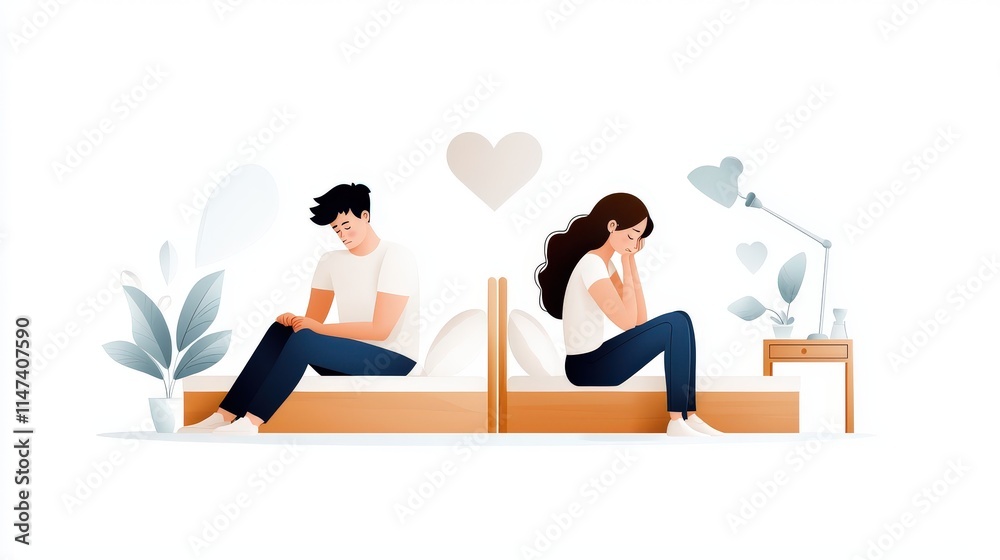 Flat vector illustration of a couple with relationship problems, sitting on opposite sides of the bed. The man looks down in sadness while the woman holds her head in frustration. Flat vector illustration of a couple with relationship problems, sitting on opposite sides of the bed. The man looks down in sadness while the woman holds her head in frustration.