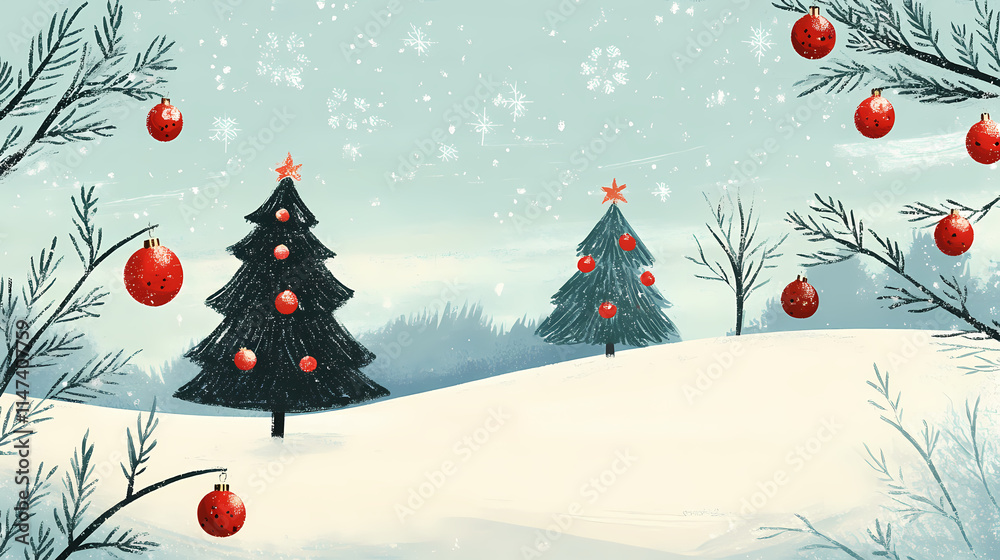 Featuring a snowy landscape with decorated christmas trees, this image highlights a serene winter scene complete with ornaments, red berries, and snowflakes falling gently. Brumal. Illustration Featuring a snowy landscape with decorated christmas trees, this image highlights a serene winter scene complete with ornaments, red berries, and snowflakes falling gently. Brumal. Illustration