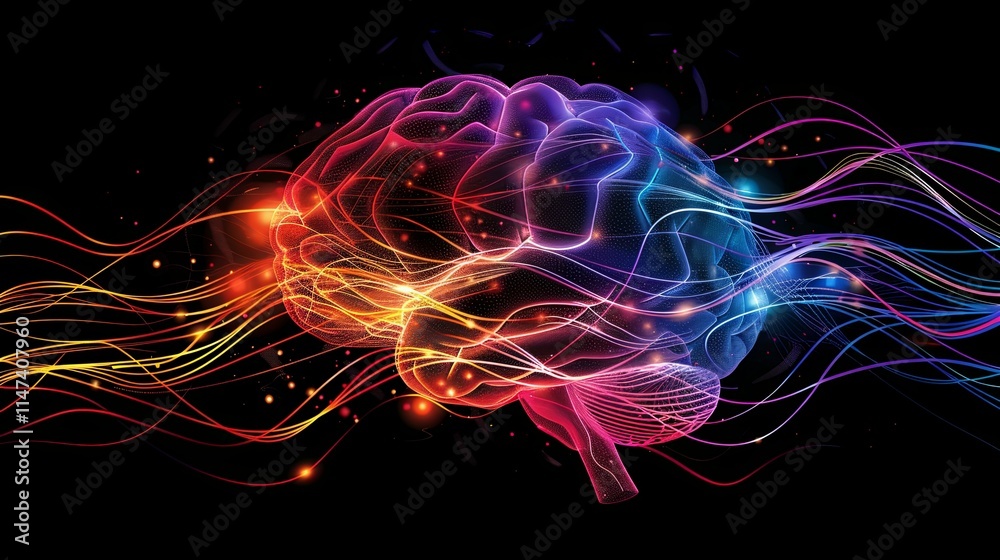 Illuminated Human Brain with Vibrant Energy Waves Flowing Through Illuminated Human Brain with Vibrant Energy Waves Flowing Through