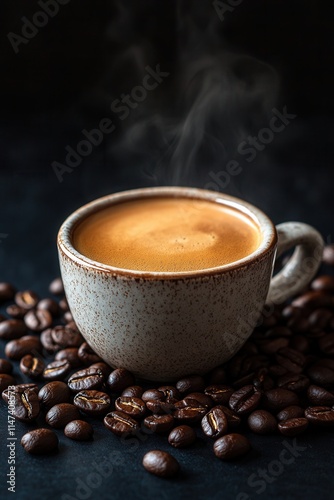 A cup of aromatic coffee with coffee beans on a dark textured background, perfect for advertising, packaging design, café menus, culinary blogs, and modern coffee shop branding