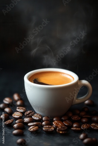 A cup of aromatic coffee with coffee beans on a dark textured background, perfect for advertising, packaging design, café menus, culinary blogs, and modern coffee shop branding