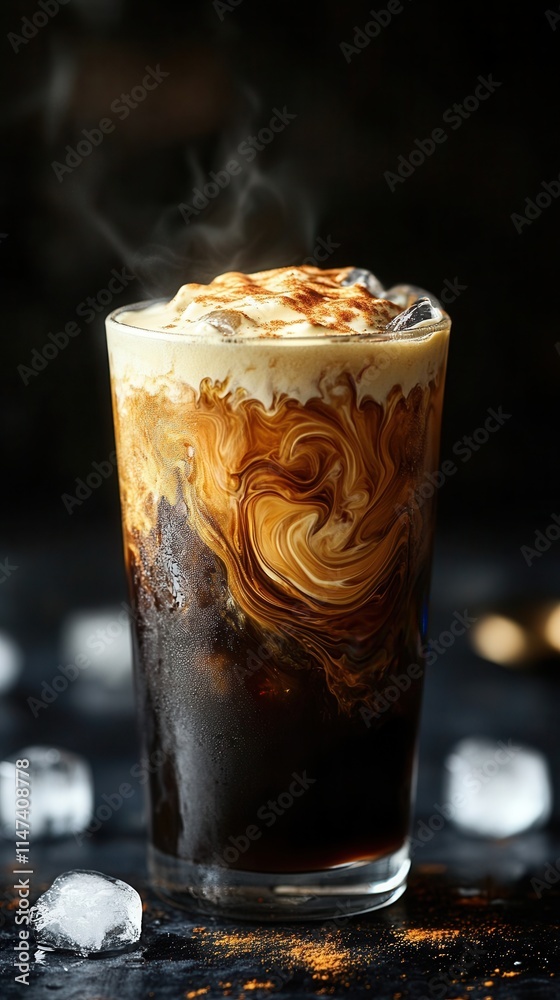 Iced coffee with milk in a tall glass, close-up Iced coffee with milk in a tall glass, close-up