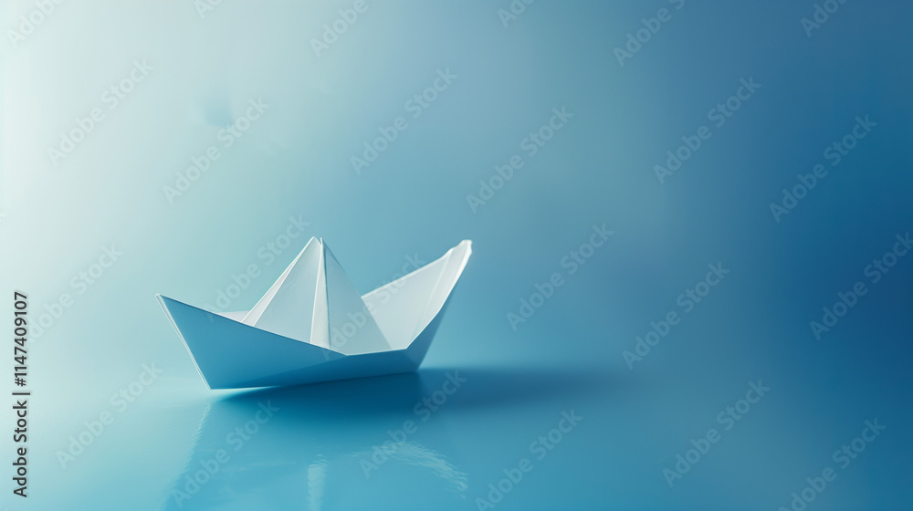 Creative minimal design of a paper boat floating on a blue background, symbolizing dreams and aspirations. Creative minimal design of a paper boat floating on a blue background, symbolizing dreams and aspirations.