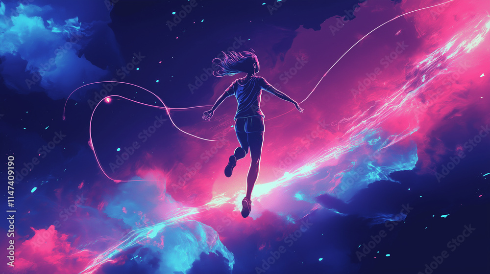 Naklejka premium Jump Rope Motion. A character mid-jump surrounded by energy trails. Fitness, illustration, cardio