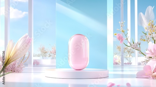 Pink Easter Egg with German Greeting on Pedestal, Set Against Light Blue Wall photo