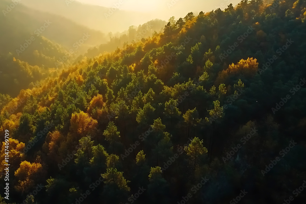 aerial view of a sprawling forest basking in the golden glow of sunrise. The sunlight filters through the trees, highlighting the tops of trees with a warm. aerial view of a sprawling forest basking in the golden glow of sunrise. The sunlight filters through the trees, highlighting the tops of trees with a warm.