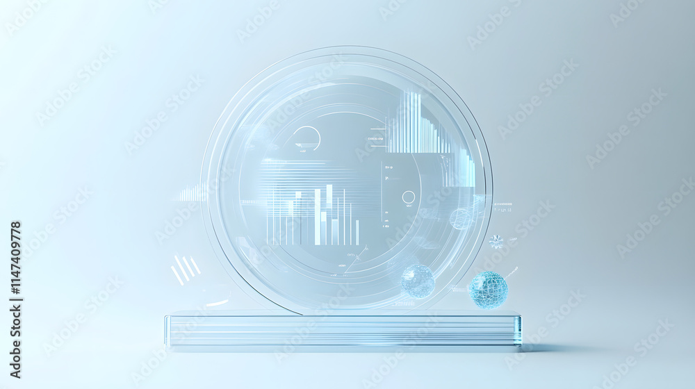 Obraz premium Data Graph Icon, Whitelblue Aesthetic, Detailed Octane Render, Transparent Frosted Glass Texture, Industrial Studio Lighting.