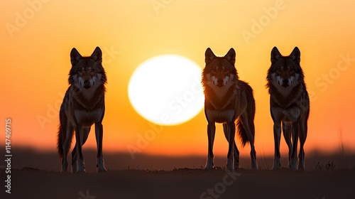 Three wolves stand silhouetted against a vibrant sunset, creating a striking contrast between nature and wildlife.