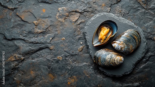 Panel kuchenny z motywem Fresh raw mussels seasoned with spices on a slate stone against a dark backdrop. Seafood top view flat lay copy space. 