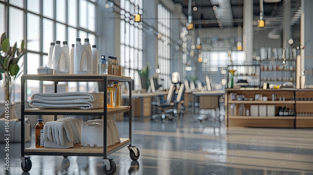 Cleaning supply cart in a modern, sunlit office space. Cleaning supply cart in a modern, sunlit office space.