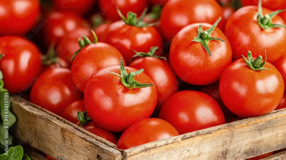 Fresh red tomatoes in a wooden crate. Fresh red tomatoes in a wooden crate.