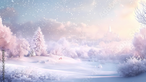 A whimsical winter scene in soft pastels captures the magic of a snowy wonderland. Brumal. Illustration