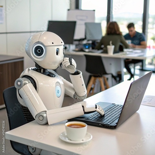 Officer robot is take a coffee break in office, semi auto corporation worker concept.