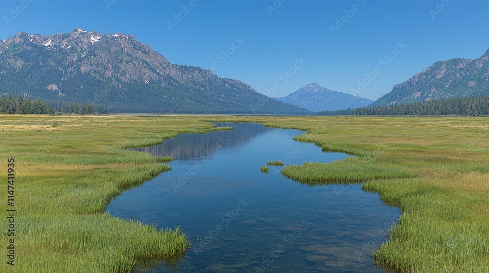 Serene mountain lake landscape with calm water, green wetlands, and majestic mountains under a clear blue sky. Serene mountain lake landscape with calm water, green wetlands, and majestic mountains under a clear blue sky.