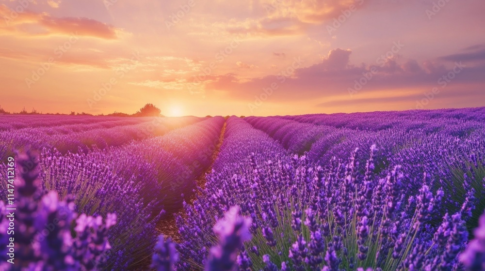Naklejka premium lavender field at sunset