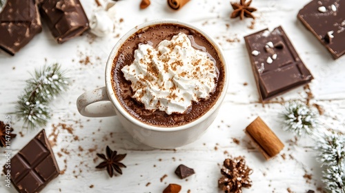 Warm hot chocolate drink with whipped cream and chocolate surroundings cozy indoor setting food photography