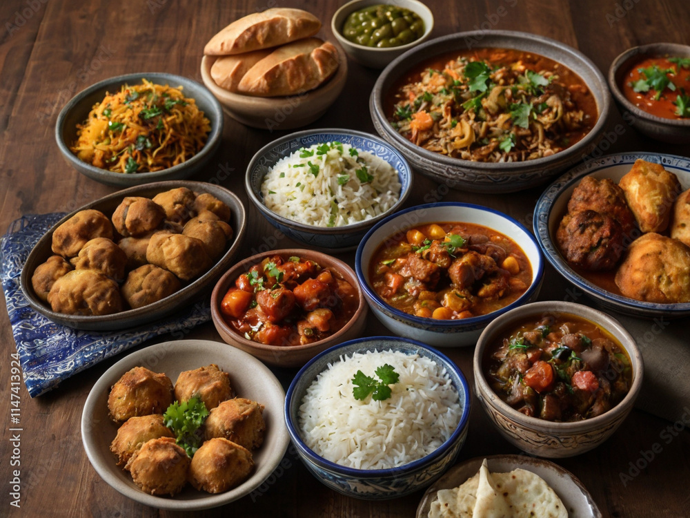 A variety of Middle Eastern or Mediterranean dishes including rice, stews, fried foods, and breads on a table A variety of Middle Eastern or Mediterranean dishes including rice, stews, fried foods, and breads on a table