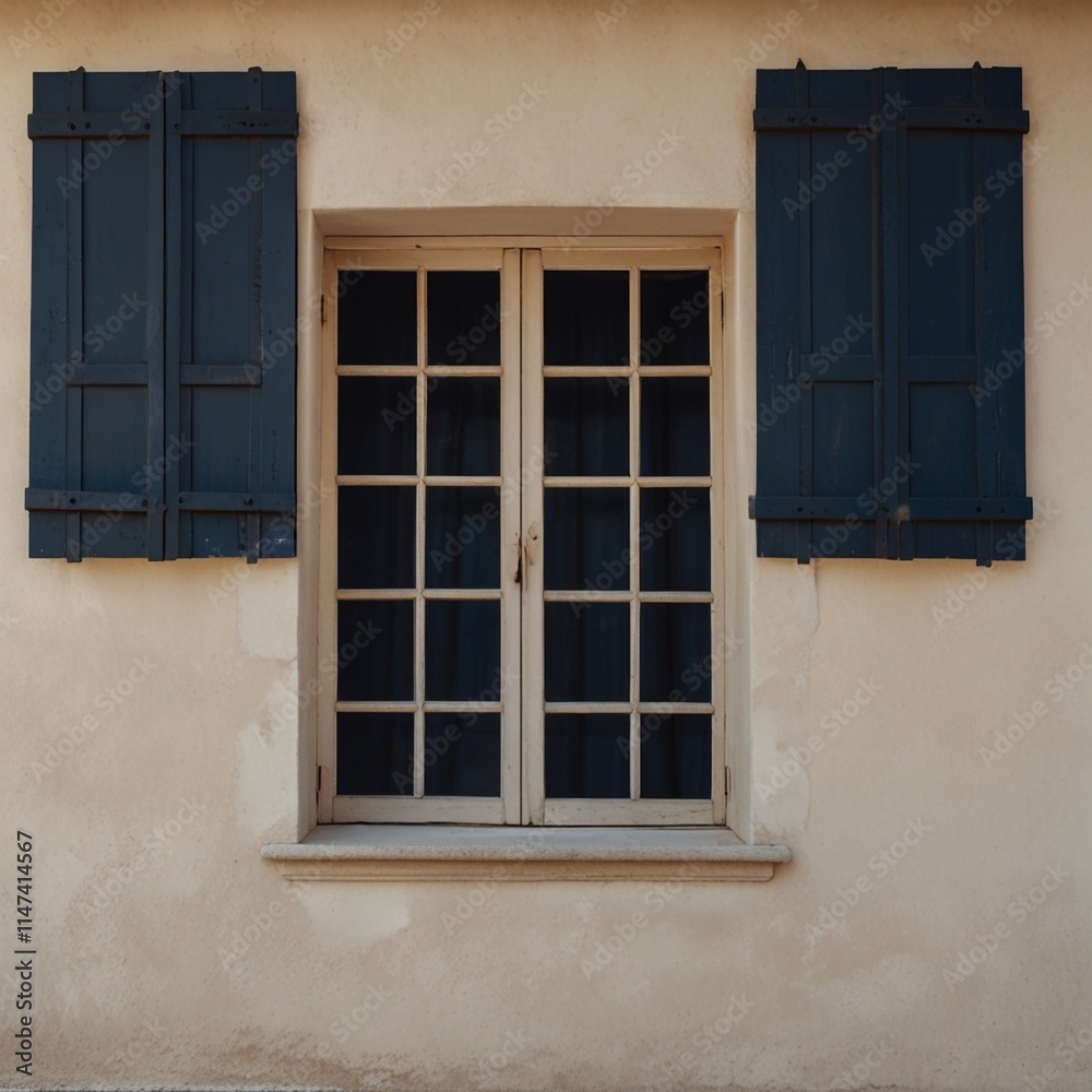 Fototapeta premium A white window with dark blue shutters stands isolated against a soft, creamy background, evoking a sense of serenity and rustic charm. Generative AI.