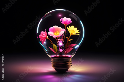 Abstract and creative image of light bulb and flowers inside isolated on black background