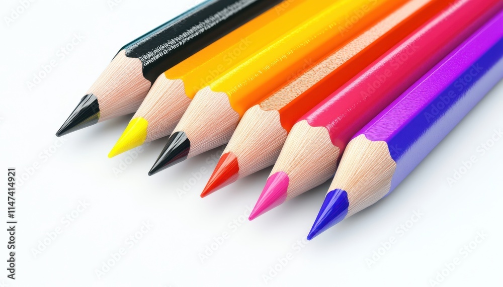 A vibrant array of colored pencils arranged in a row, showcasing a spectrum of bright hues including yellow, orange, red, pink, purple, and black. A vibrant array of colored pencils arranged in a row, showcasing a spectrum of bright hues including yellow, orange, red, pink, purple, and black.