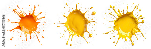 Vibrant Paint Splashes in Orange and Yellow Tones Isolated on transparent background