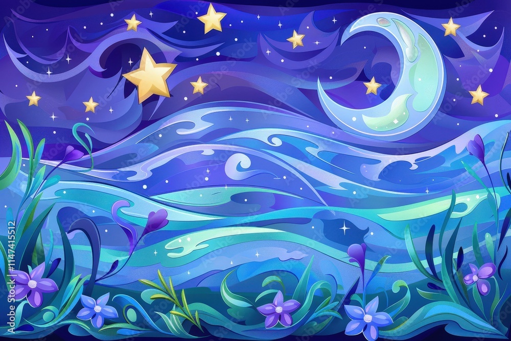 Naklejka premium Dreamy night sky with stars and moon over colorful waves digital art mystical landscape view enchanting serenity