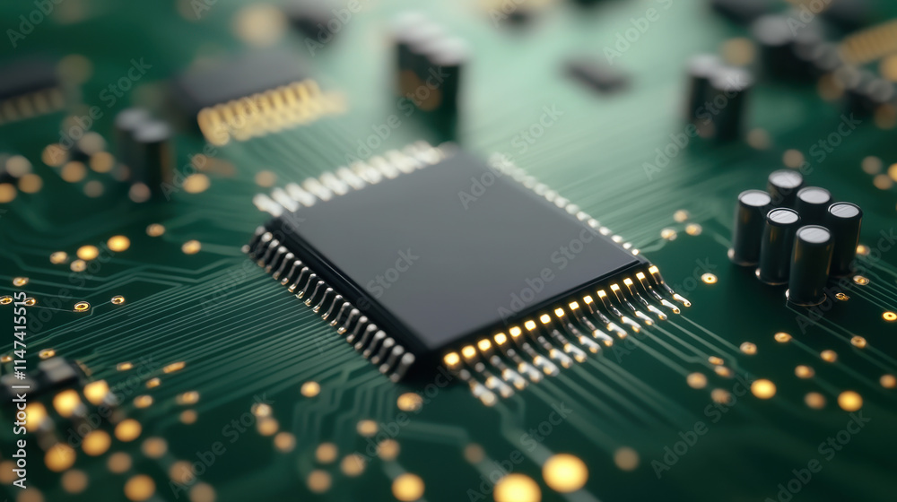 Obraz premium A close-up image of a microchip on a circuit board, showcasing intricate electronic components and connections.