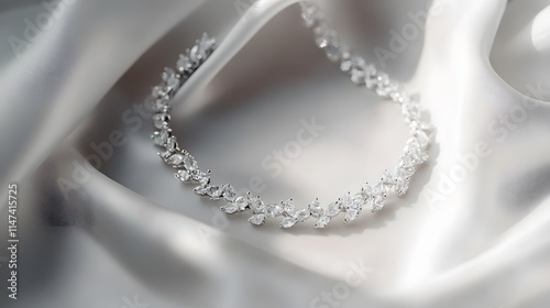 Elegant diamond necklace displayed on silky fabric jewelry photography luxurious environment close-up view for glamour appeal