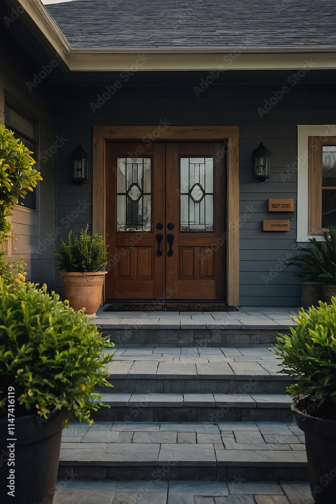 House Entrance with Double Wooden Doors and Stone Steps