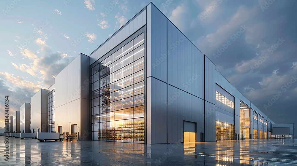 Modern, sleek warehouse complex with large glass panels showcasing interior storage. Modern, sleek warehouse complex with large glass panels showcasing interior storage.
