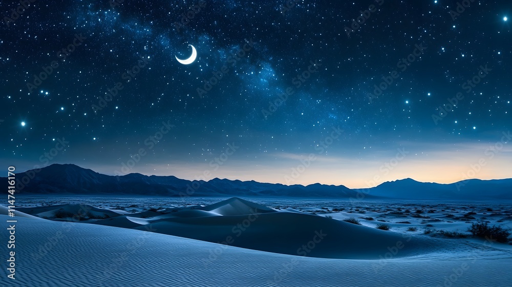 Fototapeta premium Captivating night sky over sand dunes desert landscape astrophotography tranquil environment wide-angle view cosmic beauty