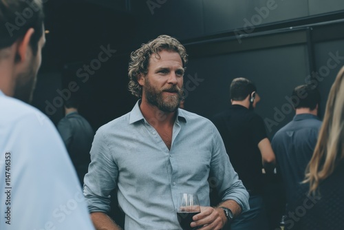 Professional Male Networker Engages in Conversation at a Startup Event While Holding a Glass of Wine photo