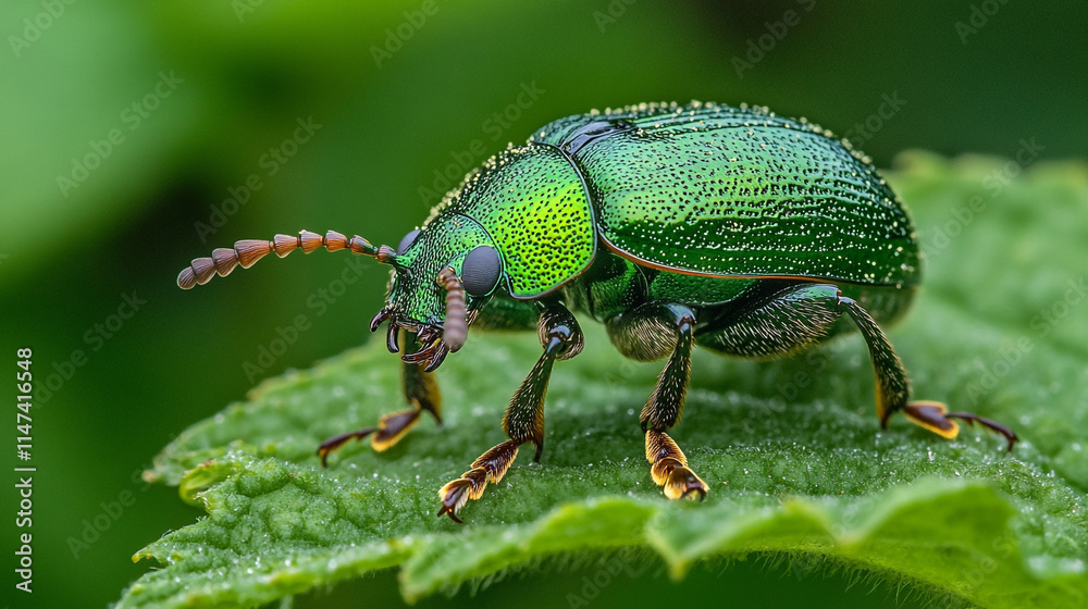 Naklejka premium Vibrant green beetle resting on leaf in a garden setting during daylight. 