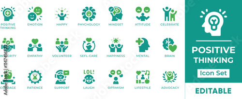 Positive Thinking Icon Set. Features icons for positive thinking, mindset, happiness, motivation, inspiration, and more. Perfect for personal development, self-help, and mental health resources.