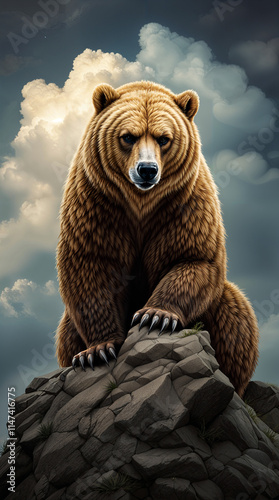 illustration of a majestic grizzli bear, perched on a gnarled tree branch. The bear's fur is vividly detailed, and its piercing amber eyes gaze intently ahead.