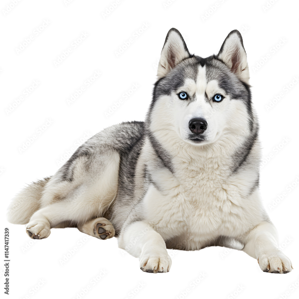 A Siberian husky lying down with its piercing blue eyes and fluffy coat. png isolated background. transparent background. A Siberian husky lying down with its piercing blue eyes and fluffy coat. png isolated background. transparent background.