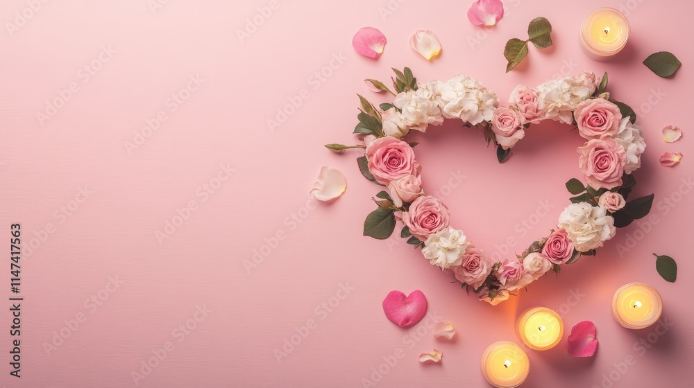Romantic Floral Heart Arrangement with Candles on Pink Background Romantic Floral Heart Arrangement with Candles on Pink Background
