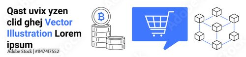 Stacks of coins with a Bitcoin symbol, a blue speech bubble with a shopping cart, and geometric cubes forming a blockchain network. Ideal for fintech, e-commerce, blockchain technology