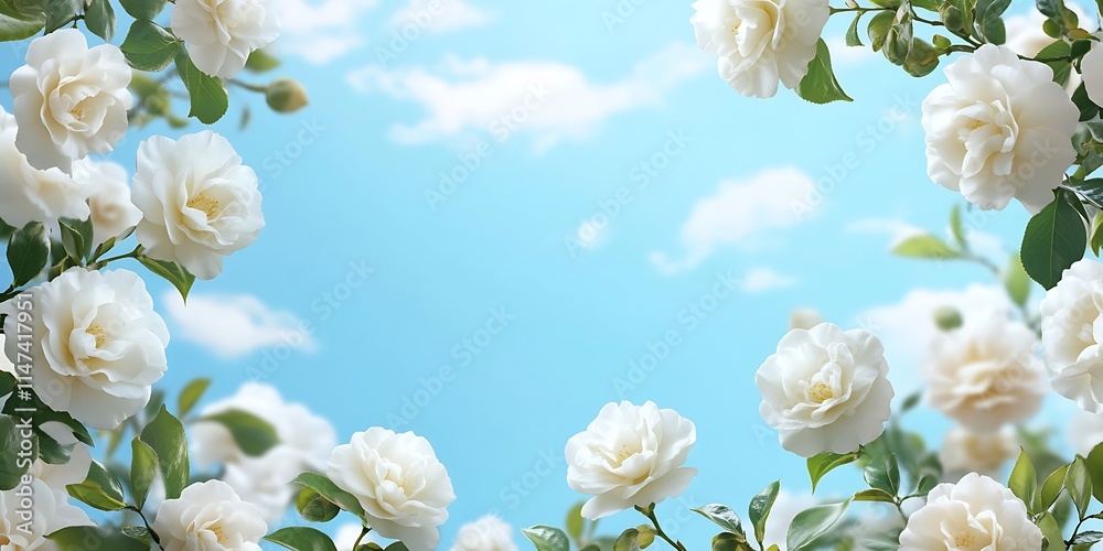 Fototapeta premium White Camellia Blossoms Frame A Sunny Sky