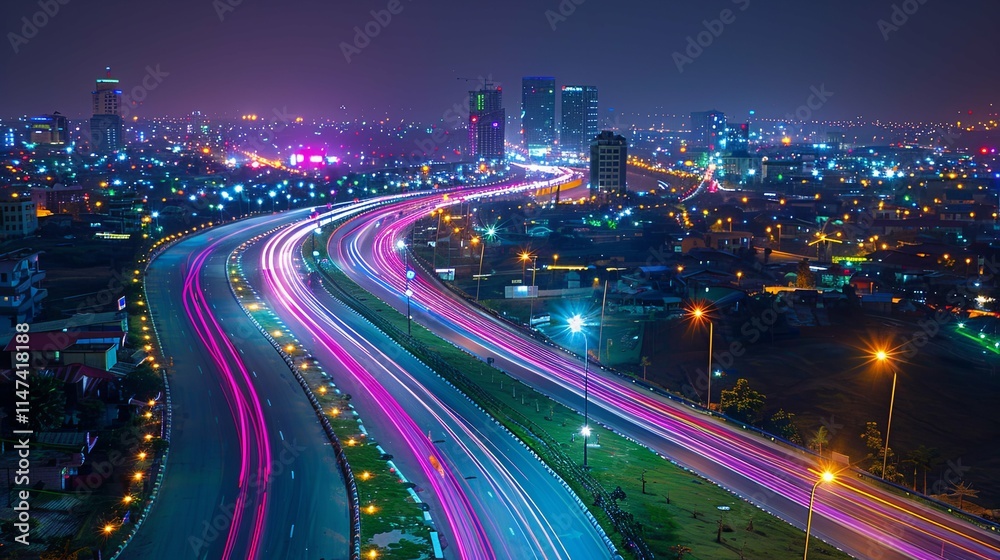 Fototapeta premium Nighttime City Highway with Light Trails and Skyscrapers